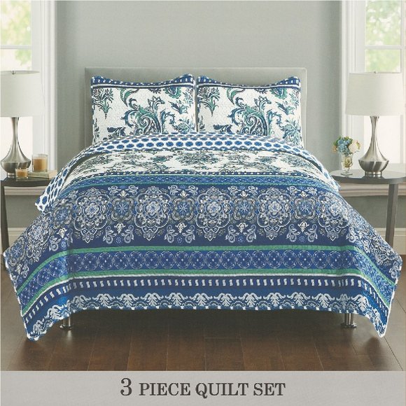 3 Piece Quilted Bedspread Set - Vines & Flowers - Blue Green & White